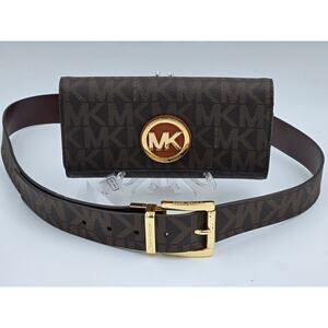 Michael Kors Signature Monogram Wallet + XL MK Logo Belt Bundle